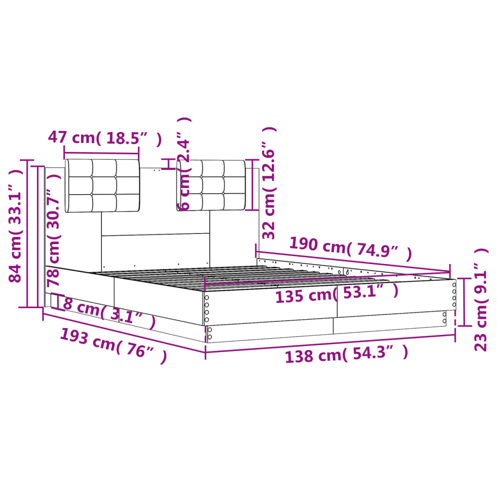 vidaXL Bed Frame without Mattress Grey Sonoma 135x190 cm Double