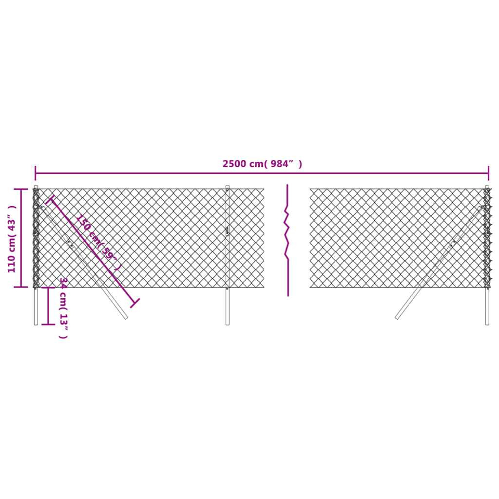 vidaXL Chain Link Fence Silver 1.1x25 m