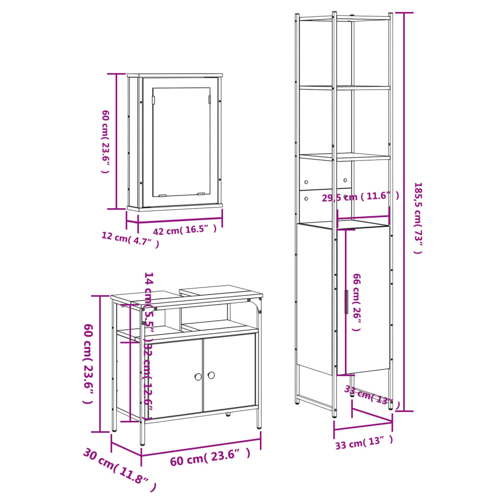 vidaXL 3 Piece Bathroom Furniture Set Brown Oak Engineered Wood