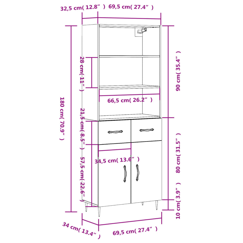 vidaXL Highboard White 69.5x34x180 cm Engineered Wood