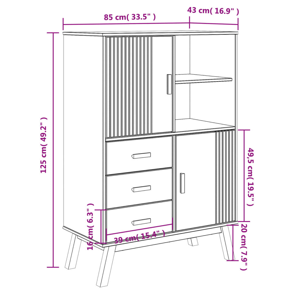 vidaXL Highboard OLDEN Grey and Brown 85x43x125 cm Solid Wood Pine