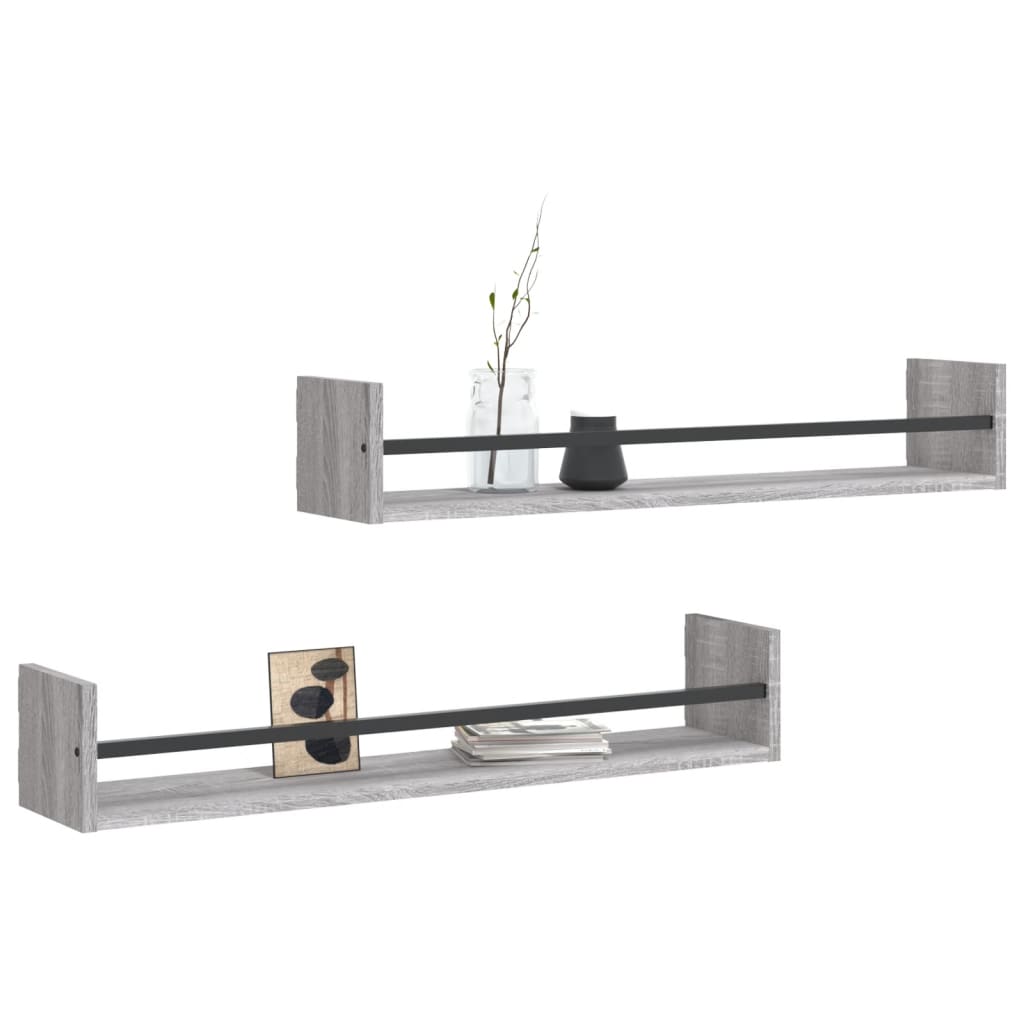 vidaXL Wall Shelves with Bars 2 pcs Grey Sonoma 80x16x14 cm