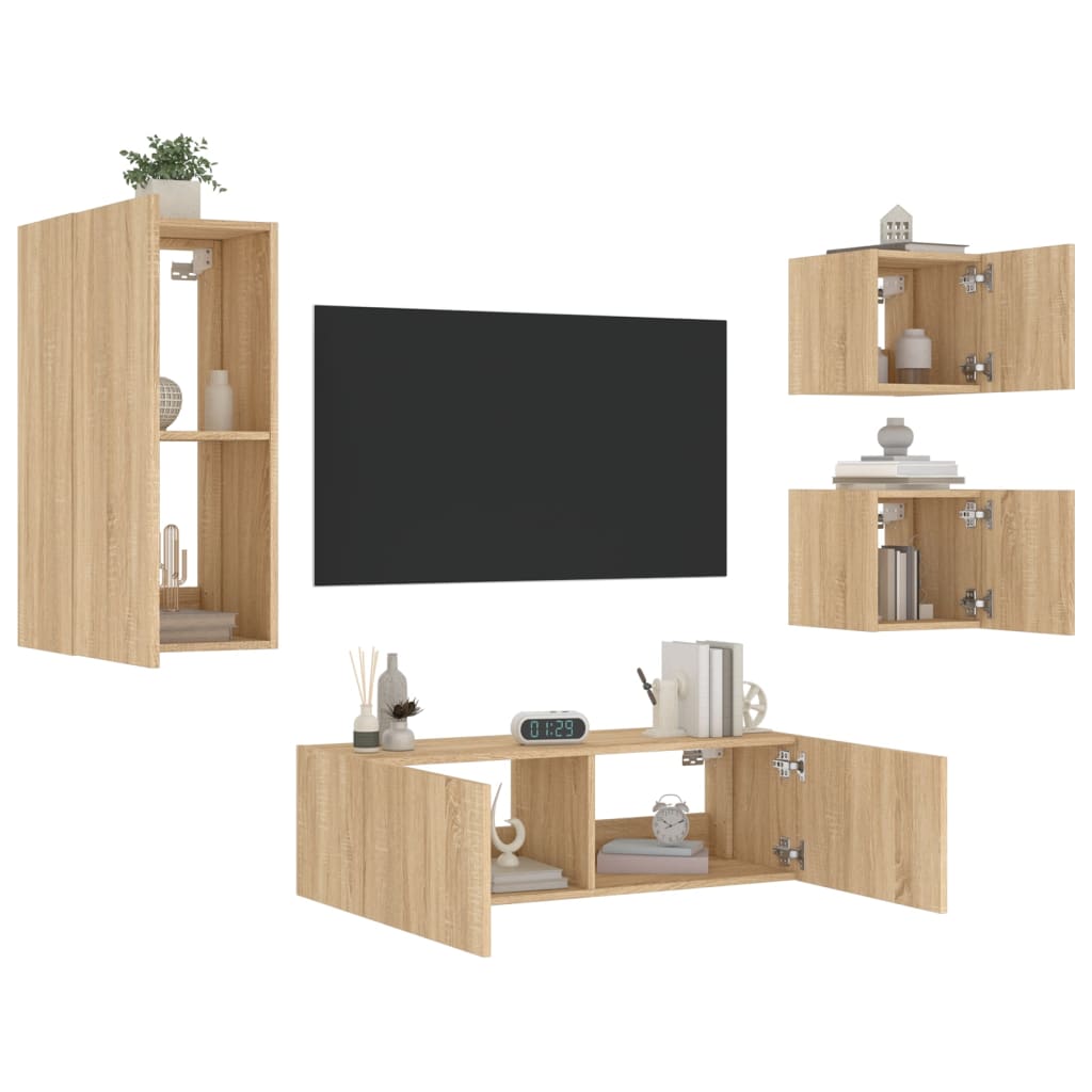 vidaXL 4 Piece TV Wall Cabinets with LED Lights Sonoma Oak