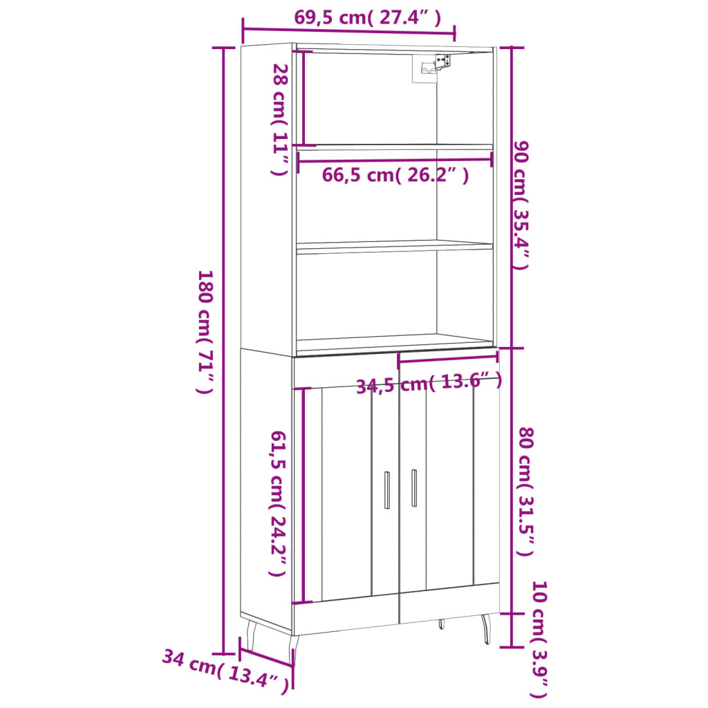 vidaXL Highboard Black 69.5x34x180 cm Engineered Wood