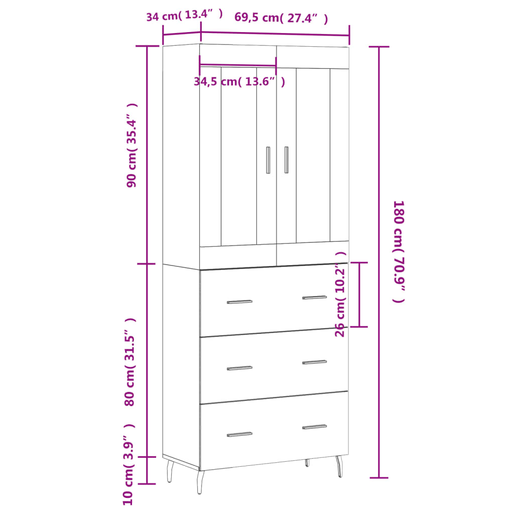 vidaXL Highboard Brown Oak 69.5x34x180 cm Engineered Wood