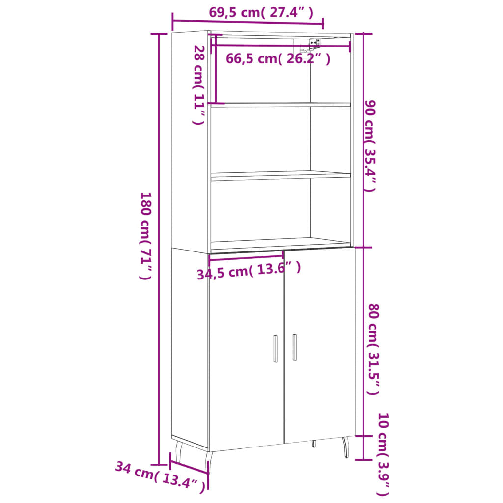 vidaXL Highboard Smoked Oak 69.5x34x180 cm Engineered Wood