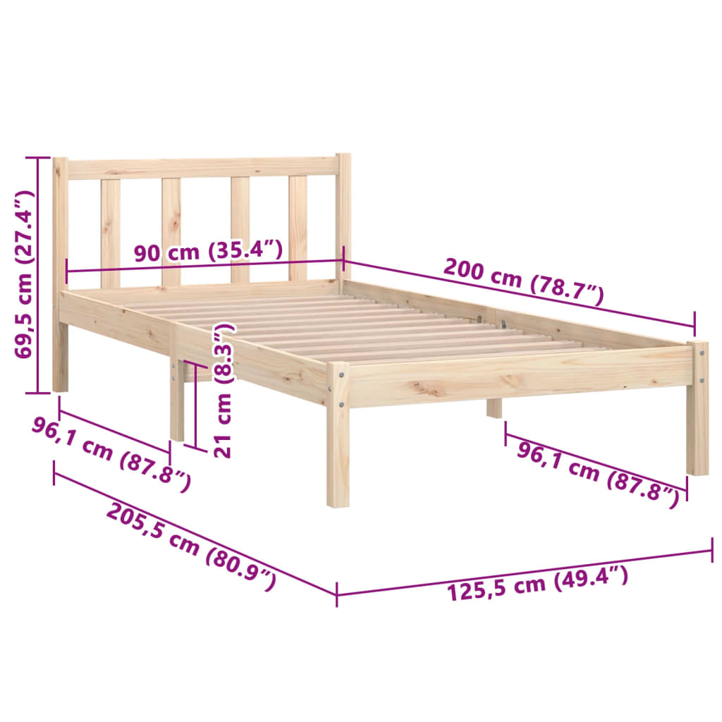 vidaXL Bed Frame without Mattress Solid Wood 90x200 cm