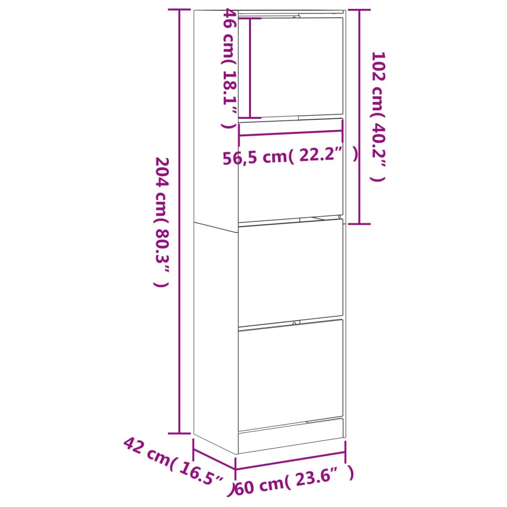 vidaXL Shoe Cabinet with 4 Flip-Drawers Concrete Grey 60x42x204 cm