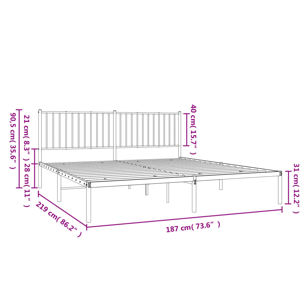 vidaXL Metal Bed Frame without Mattress with Headboard Black 183x213 cm