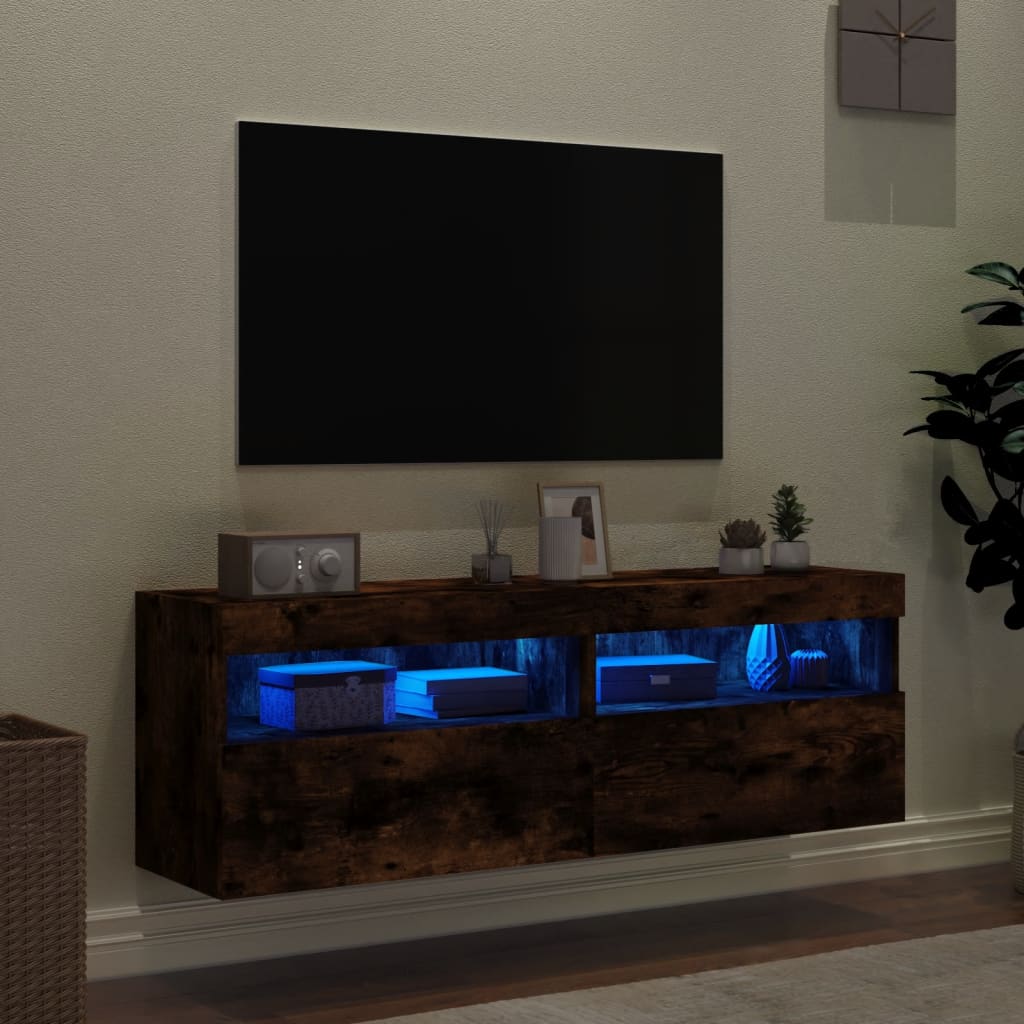 vidaXL TV Wall Cabinets with LED Lights 2 pcs Smoked Oak 60x30x40 cm