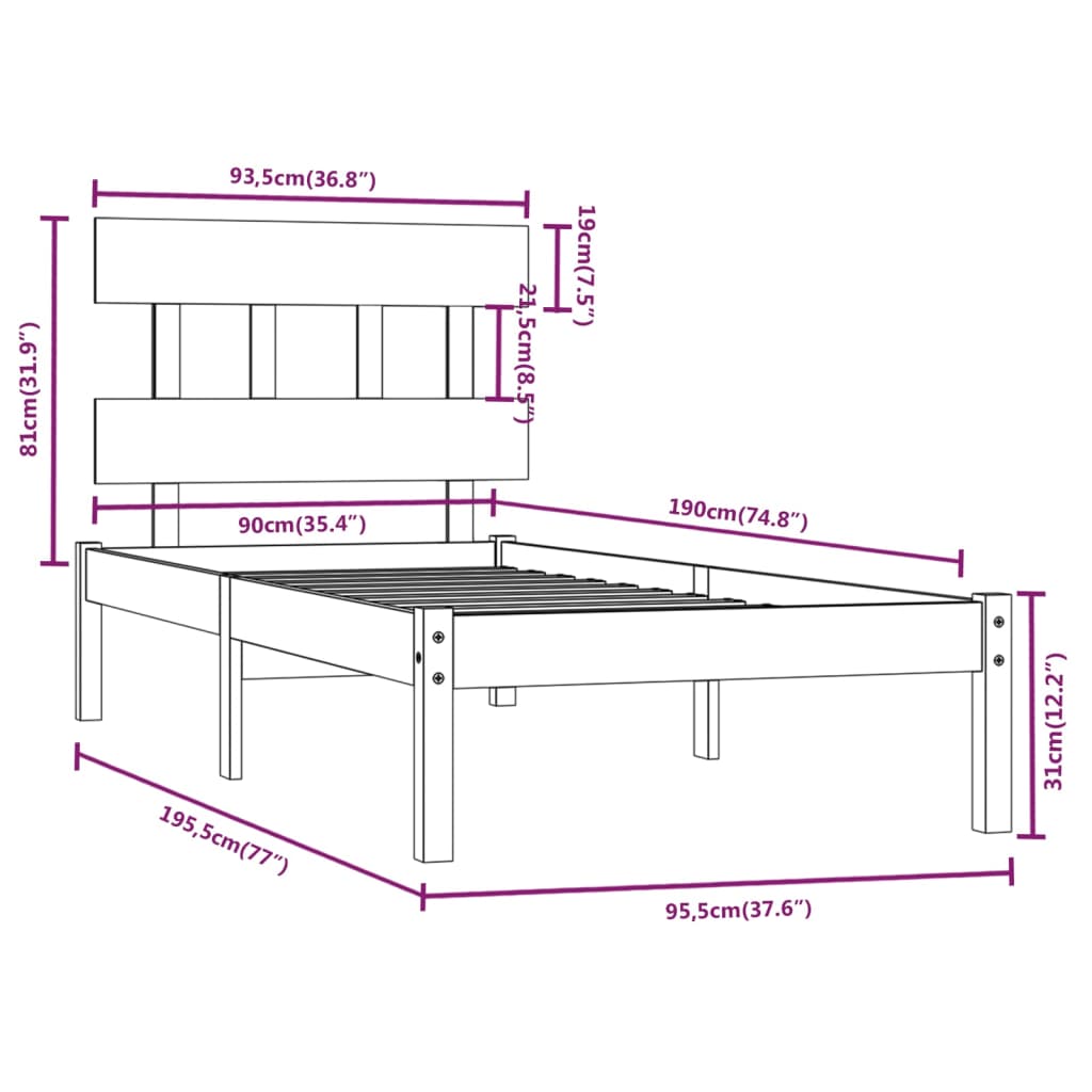 vidaXL Bed Frame without Mattress Black 90x190 cm Single Solid Wood