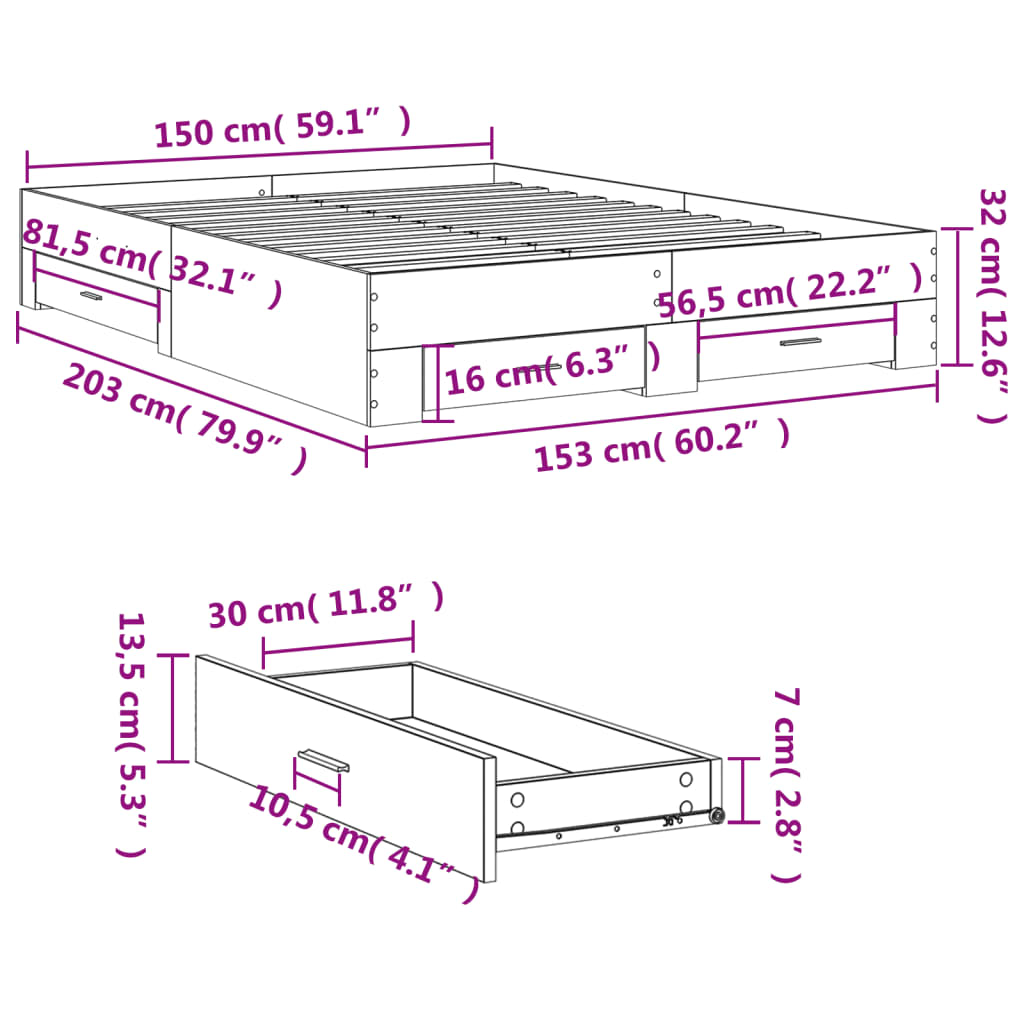 vidaXL Bed Frame with Drawers without Mattress Smoked Oak 150x200 cm King Size