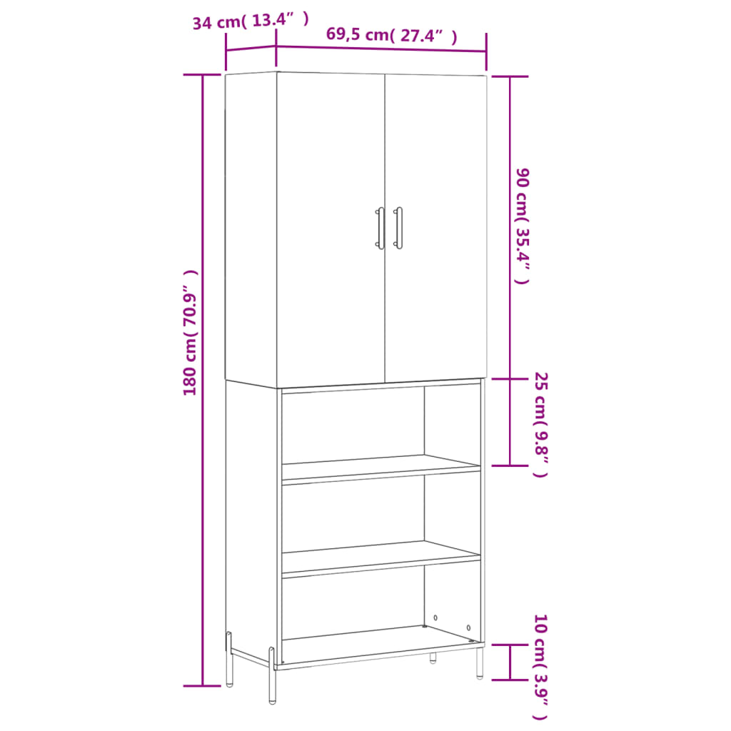 vidaXL Highboard Grey Sonoma 69.5x34x180 cm Engineered Wood