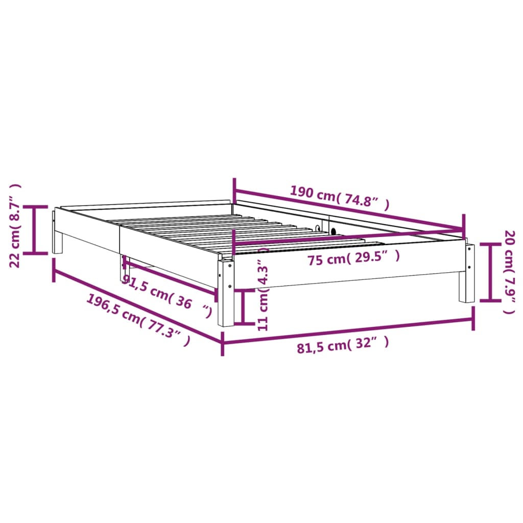 vidaXL Stack Bed without Mattress 75x190 cm Small Single Solid Wood Pine