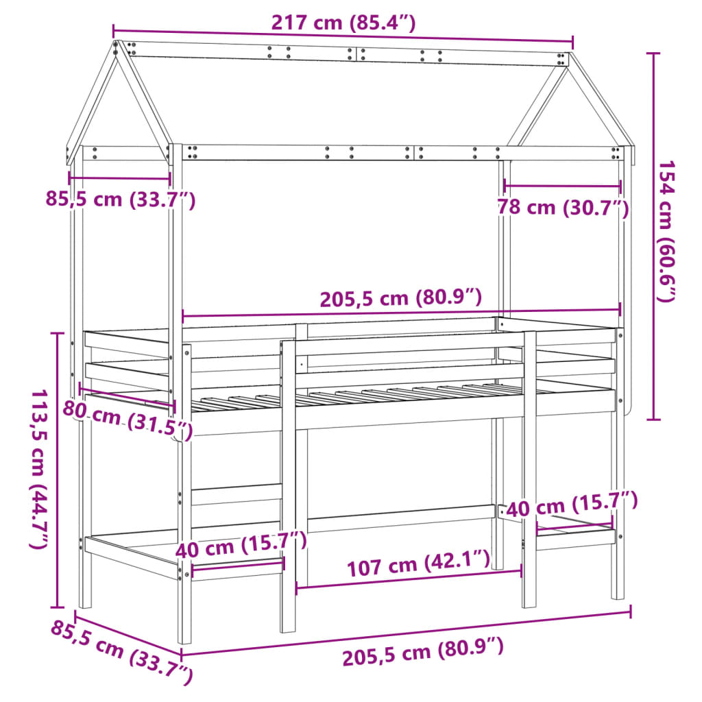 vidaXL Loft Bed with Ladder and Roof without Mattress White 80x200 cm