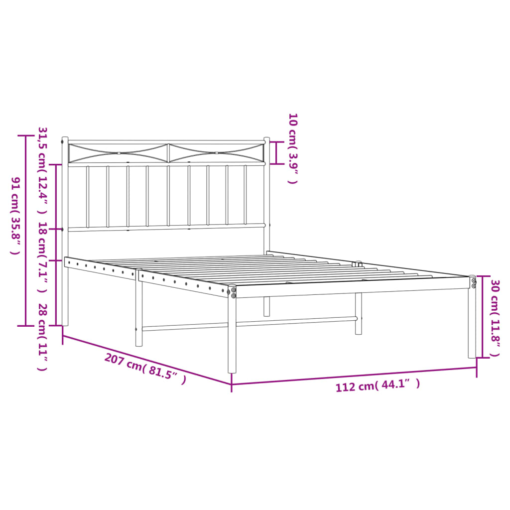 vidaXL Metal Bed Frame without Mattress with Headboard White 107x203 cm