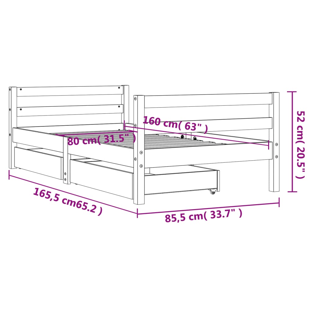 vidaXL Kids Bed Frame with Drawers 80x160 cm Solid Wood Pine