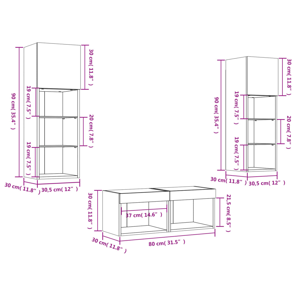 vidaXL 4 Piece TV Wall Cabinets with LED Lights Grey Sonoma