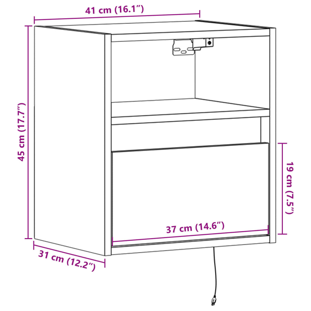 vidaXL Wall-mounted Bedside Cabinet with LED Lights Concrete Grey