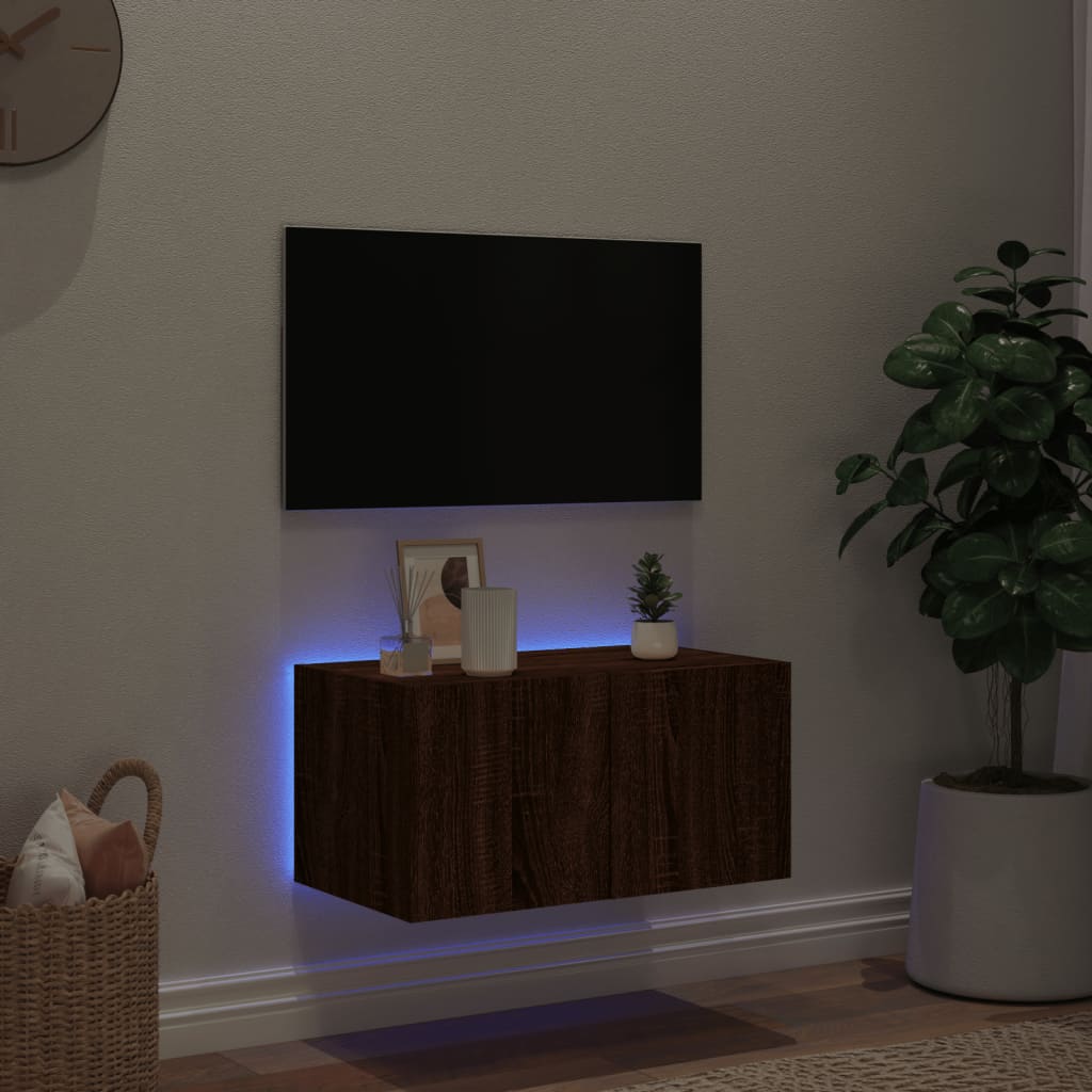 vidaXL TV Wall Cabinet with LED Lights Brown Oak 60x35x31 cm