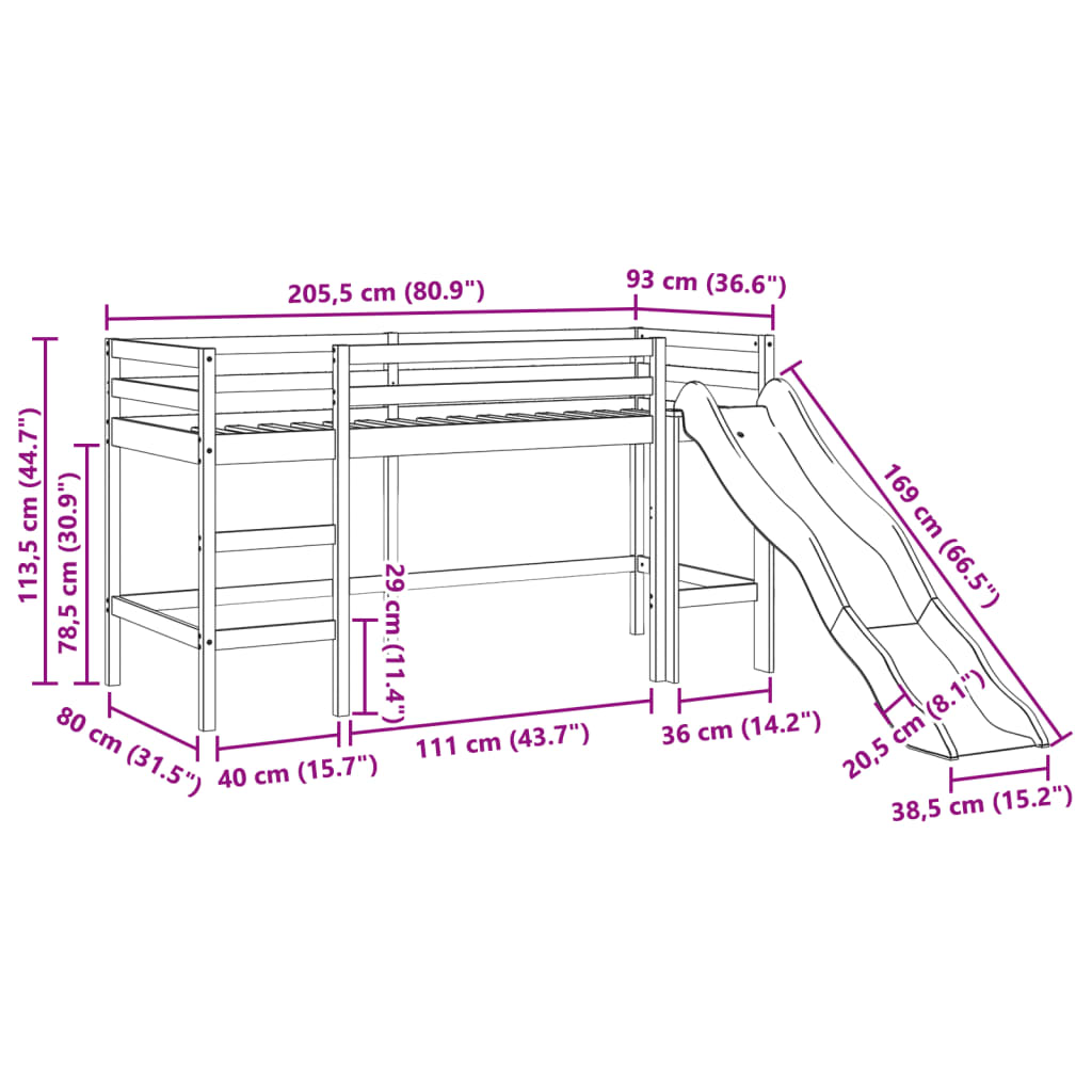 vidaXL Kids' Loft Bed with Curtains Blue 80x200 cm Solid Wood Pine