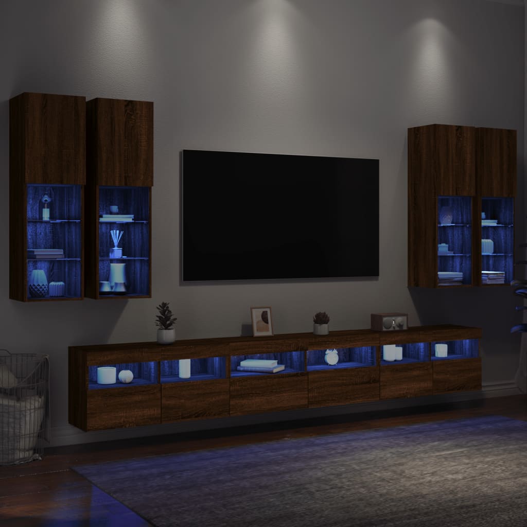 vidaXL 7 Piece TV Wall Cabinet Set with LED Lights Brown Oak