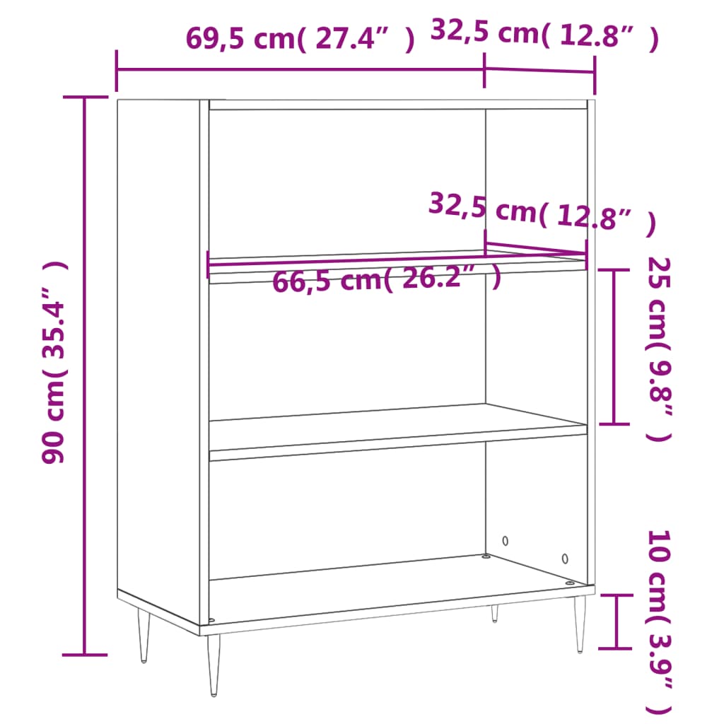 vidaXL Bookcase White 69.5x32.5x90 cm Engineered Wood