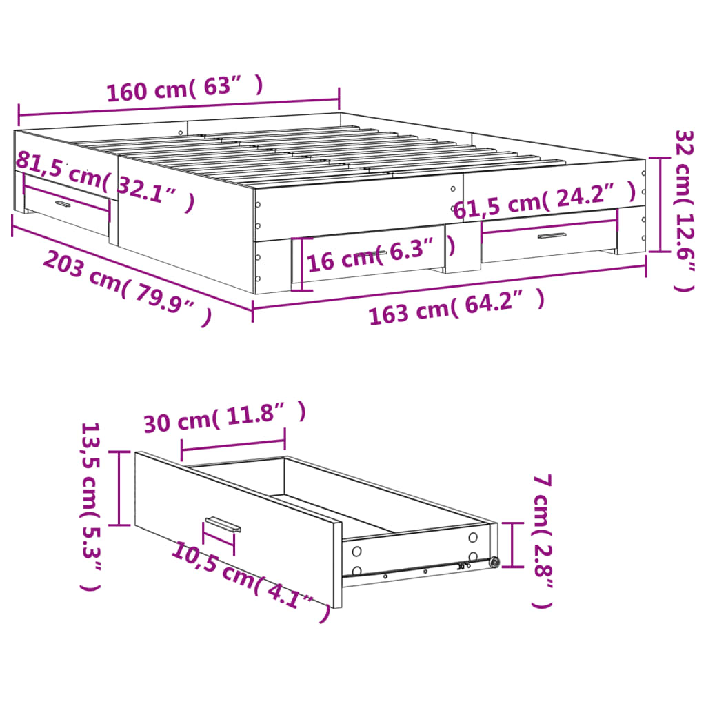 vidaXL Bed Frame with Drawers without Mattress Brown Oak 160x200 cm