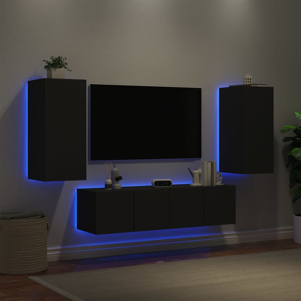 vidaXL 4 Piece TV Wall Units with LED Black Engineered Wood