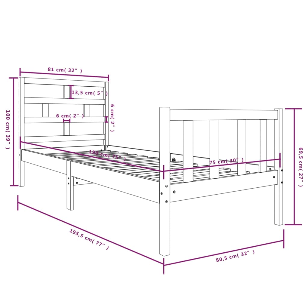 vidaXL Bed Frame without Mattress Solid Wood Pine Small Single