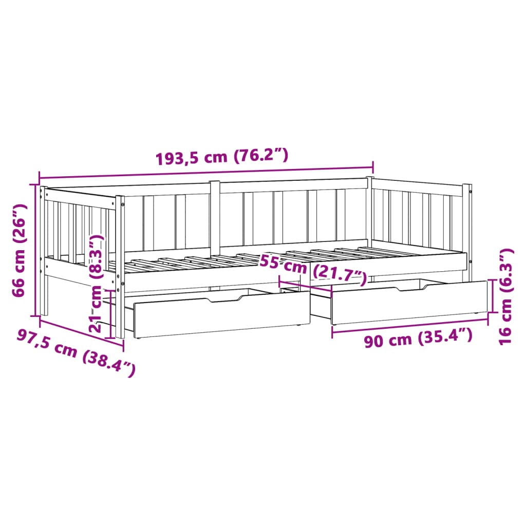 vidaXL Daybed with Drawers without Mattress White 90x190 cm Single Solid Wood