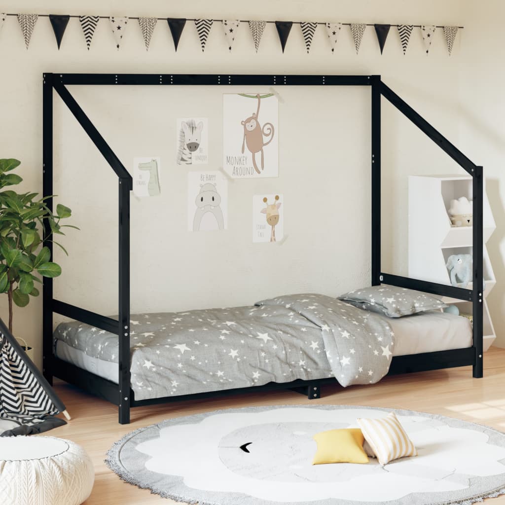 vidaXL Kids Bed Frame Black 90x200 cm Solid Wood Pine