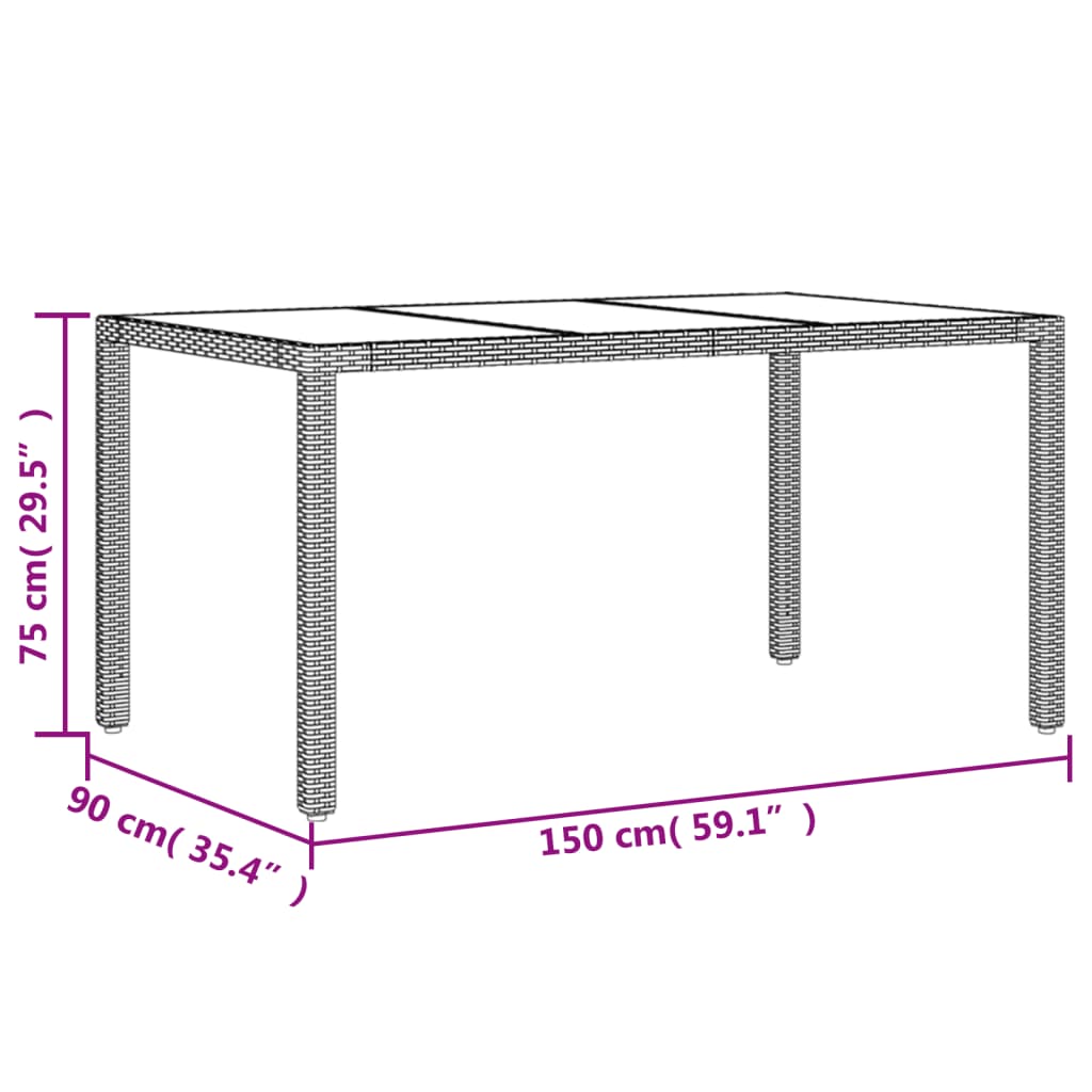 vidaXL Garden Table with Glass Top Grey 150x90x75 cm Poly Rattan