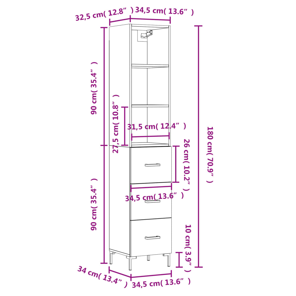 vidaXL Highboard Grey Sonoma 34.5x34x180 cm Engineered Wood