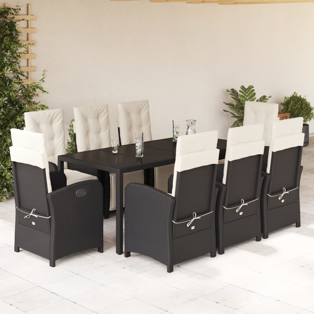 vidaXL 9 Piece Garden Dining Set with Cushions Black Poly Rattan