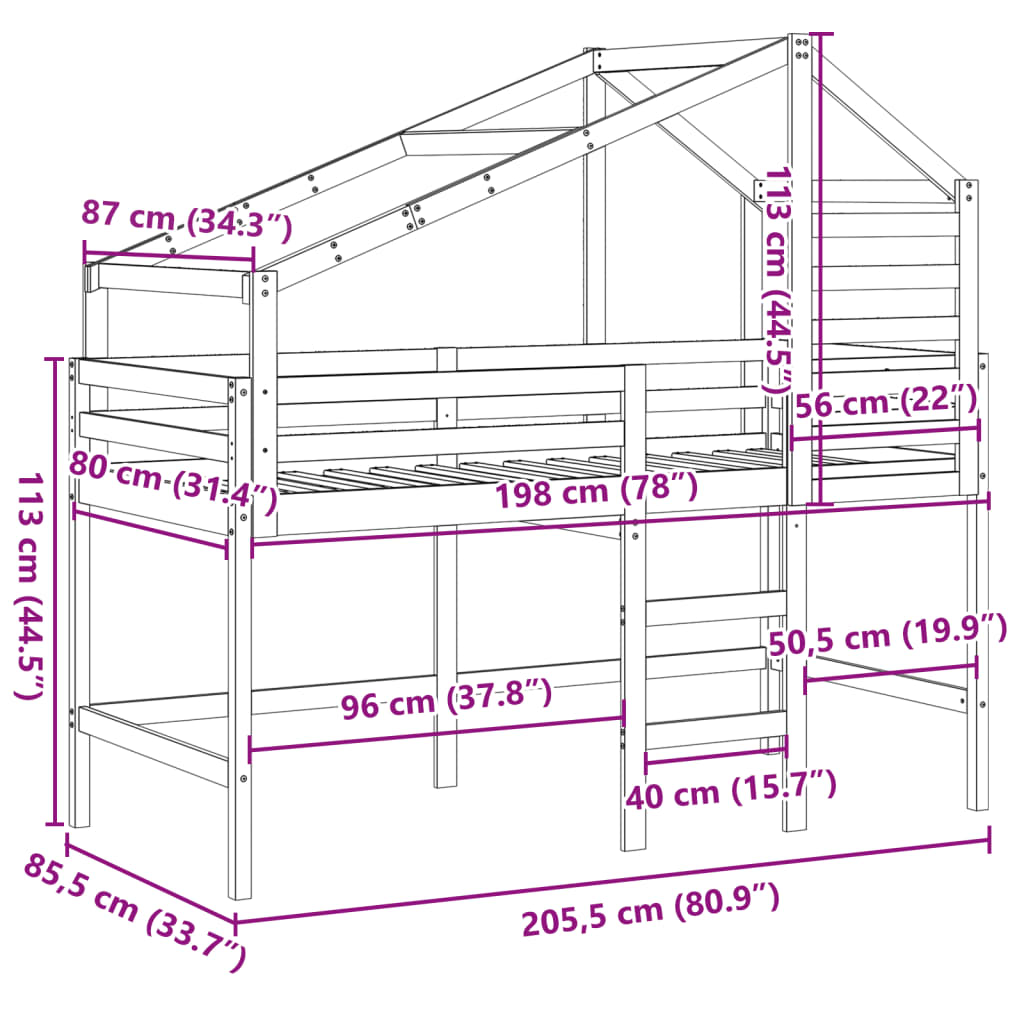 vidaXL Loft Bed with Ladder and Roof without Mattress 80x200 cm