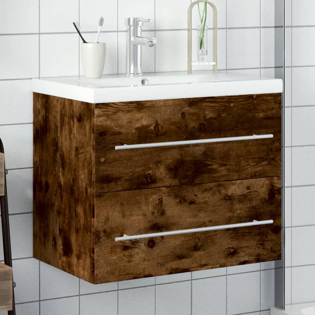 vidaXL Bathroom Sink Cabinet with Built-in Basin Smoked Oak