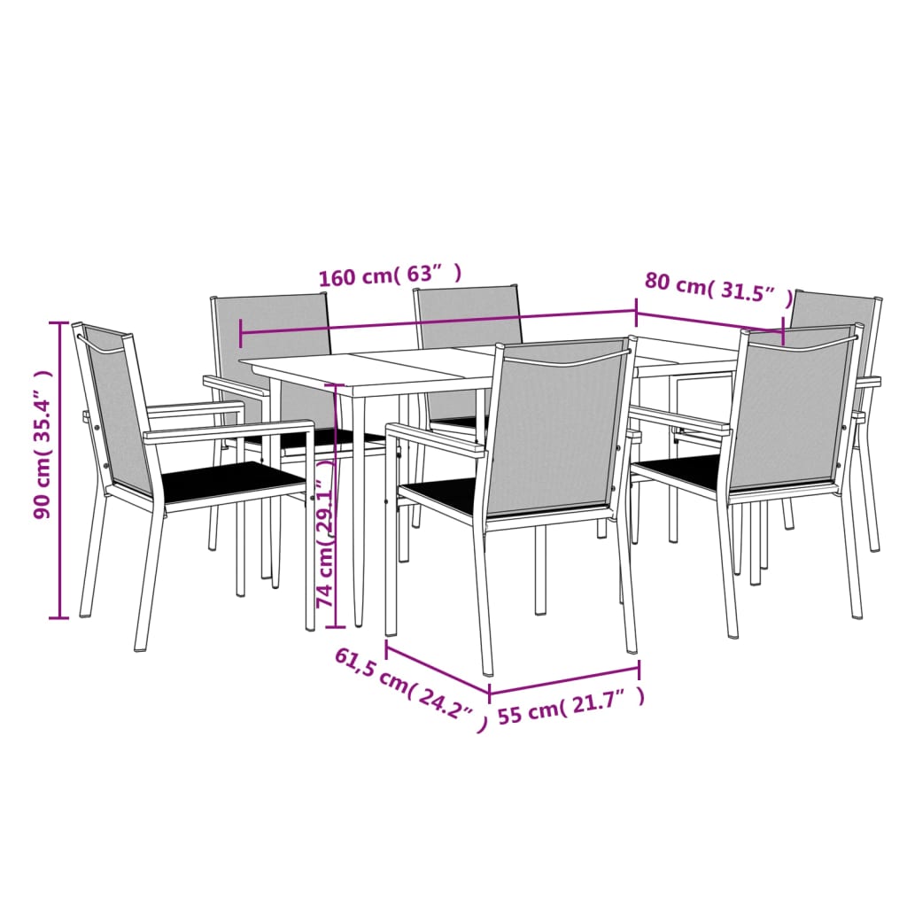 vidaXL 7 Piece Garden Dining Set Black Textilene and Steel