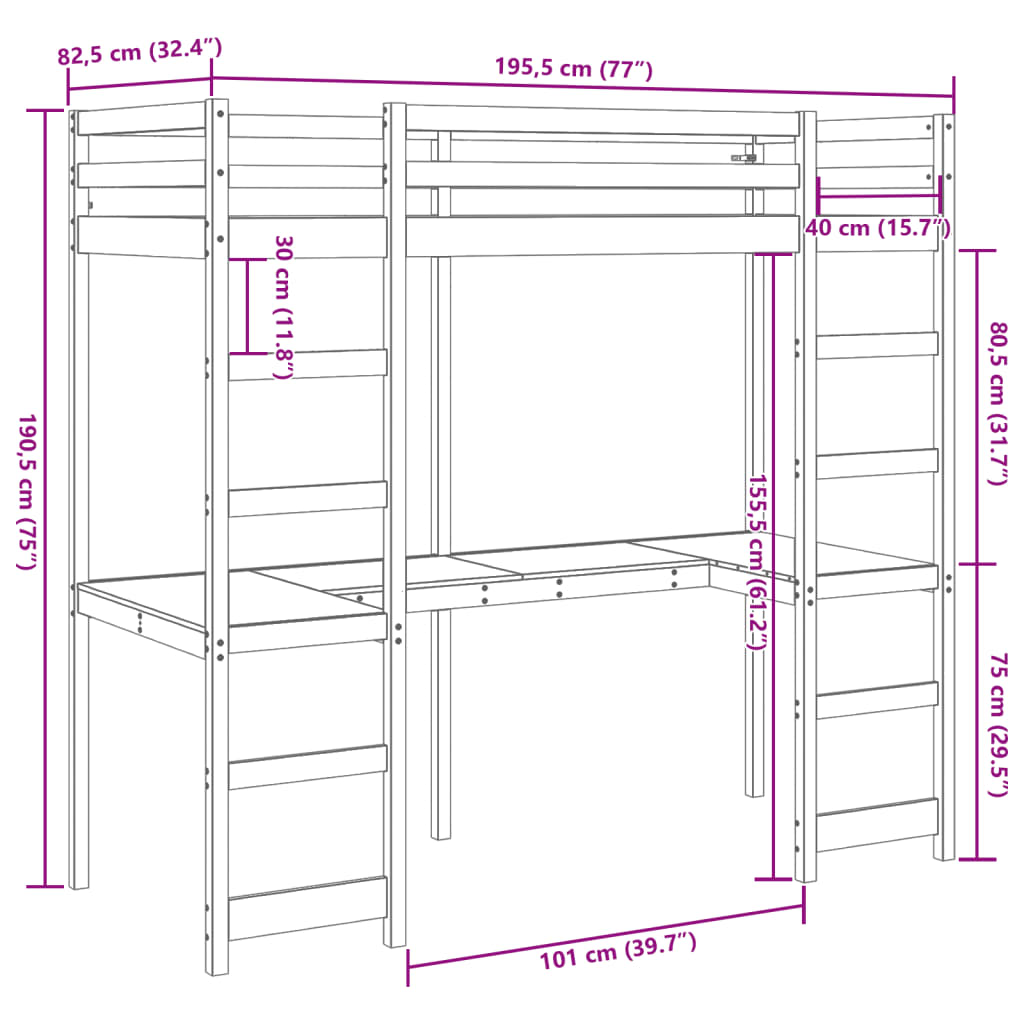 vidaXL Loft Bed Frame without Mattress 75x190 cm Small Single Solid Wood Pine