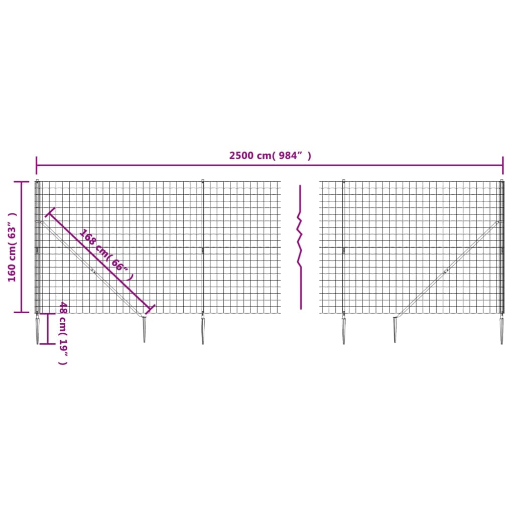 vidaXL Wire Mesh Fence with Spike Anchors Anthracite 1.6x25 m