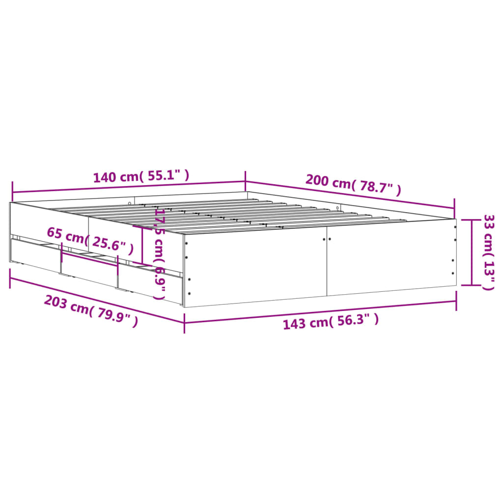 vidaXL Bed Frame with Drawers without Mattress Smoked Oak 140x200 cm