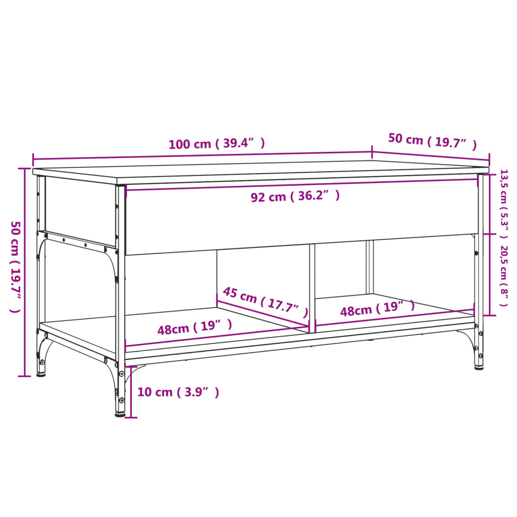 vidaXL Coffee Table Grey Sonoma 100x50x50 cm Engineered Wood and Metal