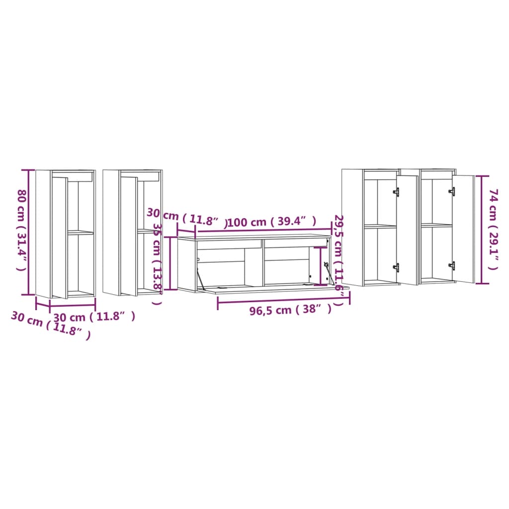 vidaXL TV Cabinets 5 pcs White Solid Wood Pine