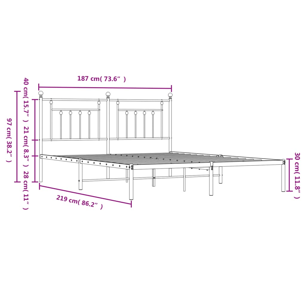 vidaXL Metal Bed Frame without Mattress with Headboard Black 183x213 cm