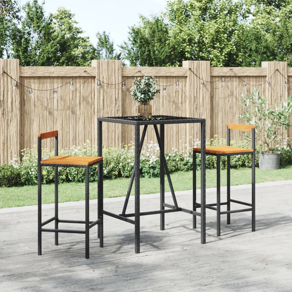 vidaXL 3 Piece Garden Bar Set Black Poly Rattan& Solid Wood Acacia