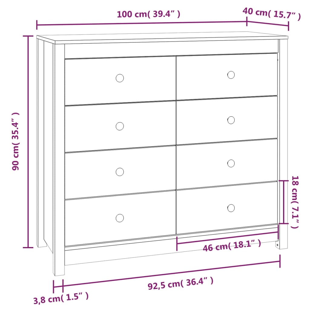 vidaXL Side Cabinet White 100x40x90 cm Solid Wood Pine