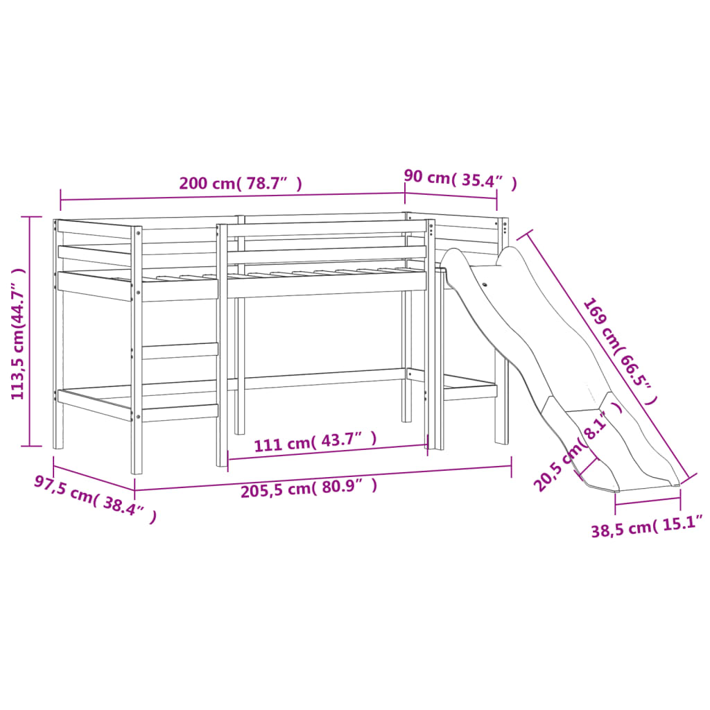 vidaXL Kids' Loft Bed with Tunnel without Mattress Pink 90x200 cm