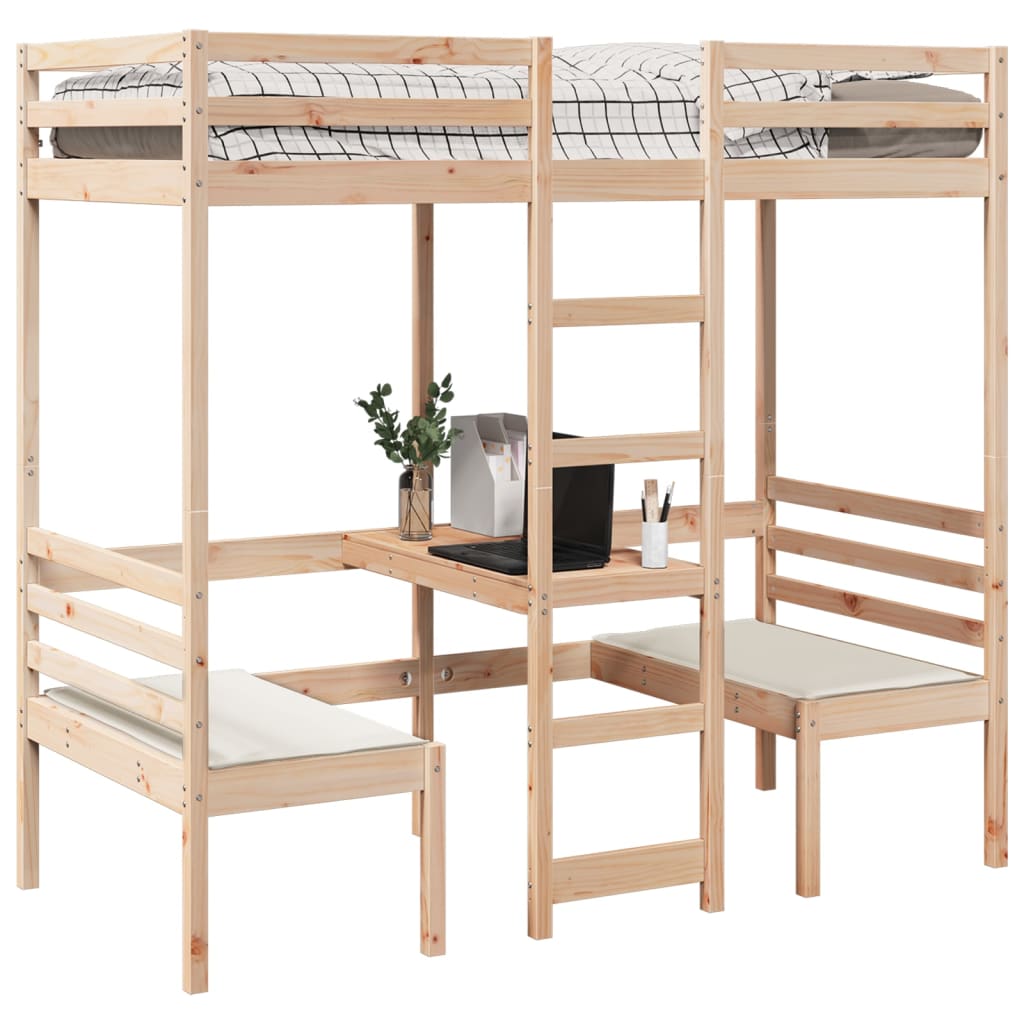 vidaXL Loft Bed Frame with Desk and Chairs 75x190cm Solid Wood Pine