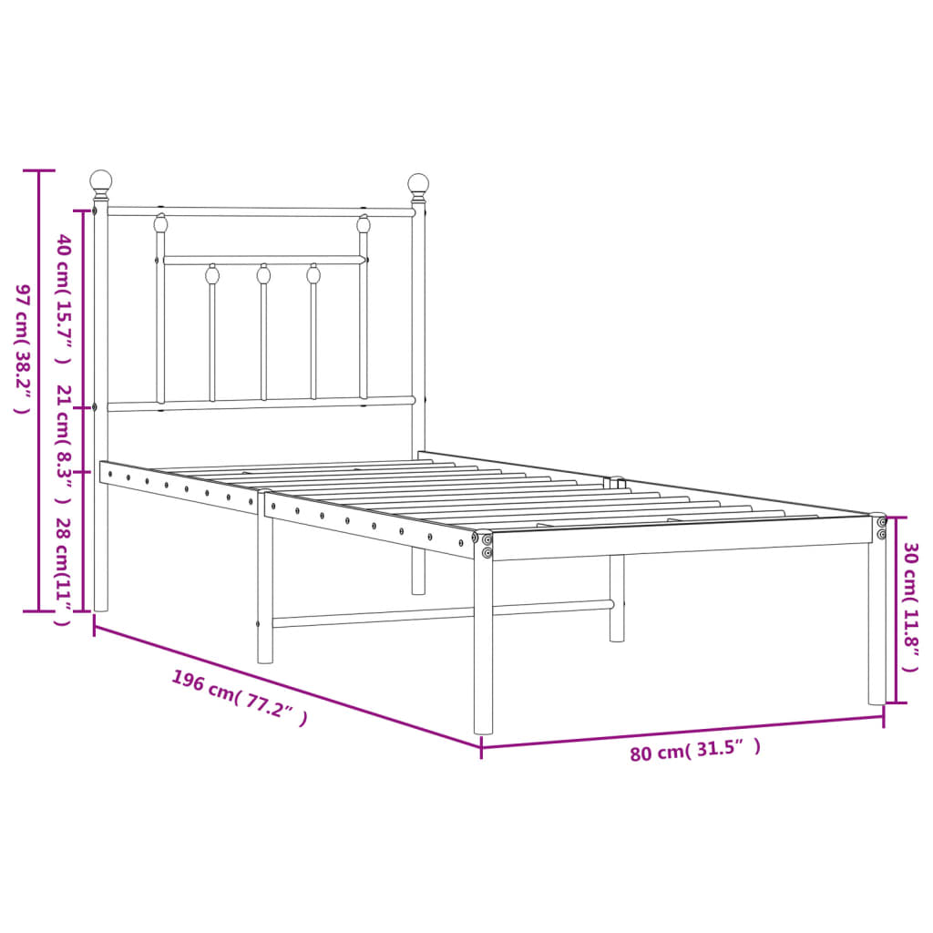 vidaXL Metal Bed Frame without Mattress with Headboard White 75x190 cm Small Single