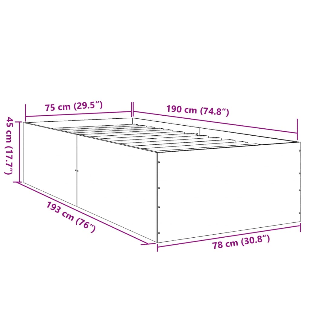 vidaXL Bed Frame without Mattress Grey Sonoma 75x190 cm Small Single